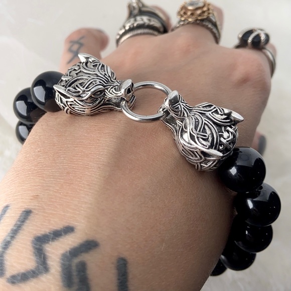 Men or women Rocker viking stainless steel tribal wolfs heads & genuine onyx - Picture 6 of 16